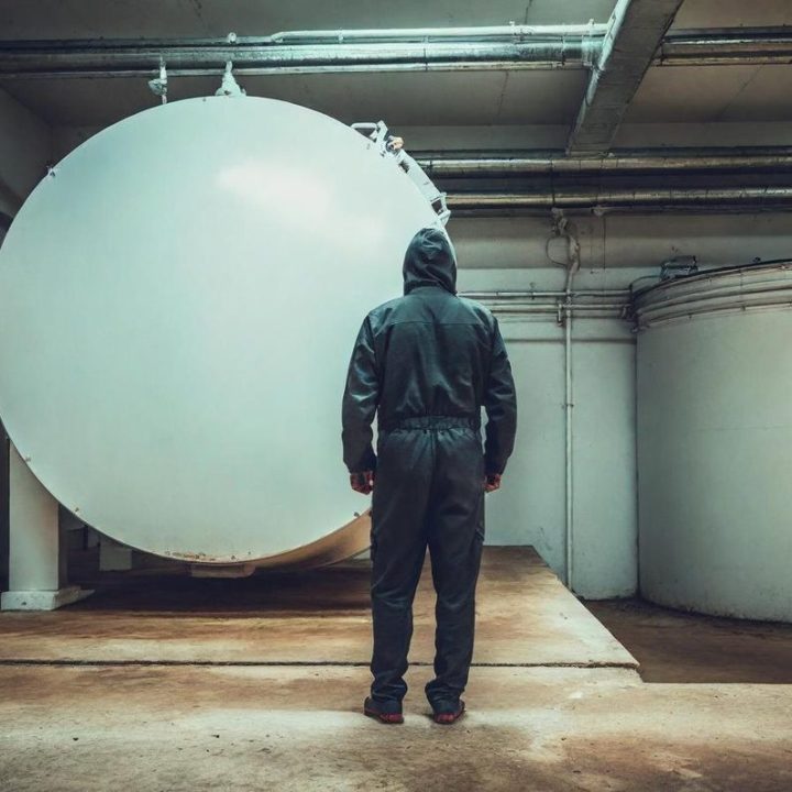 Technicien face à une cuve à fioul avant intervention de dégazage